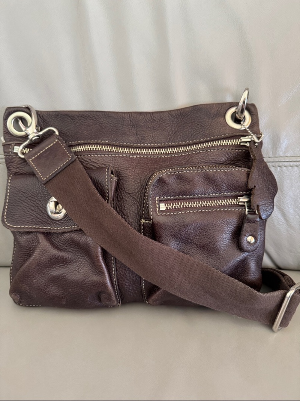 Roots Brown Leather Crossbody Bag
